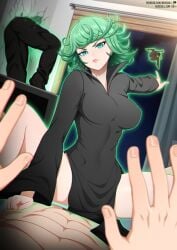 2boys 2girls abs alternate_breast_size artist_name black_dress black_pants breasts completely_nude covered_navel dress female flipped_hair fubuki_(one-punch_man) green_eyes green_hair large_breasts looking_at_viewer multiple_boys multiple_girls neocoill nude one-punch_man pants pov shiny_skin shoes sitting sitting_on_person tatsumaki teeth throwing