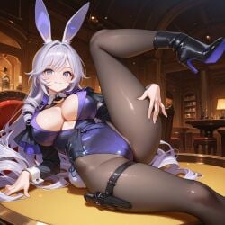 1girls ai_generated black_stockings blue_eyes breasts bunny_costume bunny_ears bunny_girl bunnysuit curly_hair detective_(silver_palace) drill_hair female female_focus female_only holster indoors large_breasts purple_hair red_pupils silver_palace solo solo_female stockings thick thick_thighs thighhighs thighs very_long_hair
