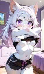 ai ai_art ai_generated anthro artificial_intelligence bed bed_sheet bedroom big_breasts breasts cat_girl cat_humanoid crop_top cute feline female female_focus fur furry looking_at_viewer neko nippleless original original_character original_characters pixai purple_eyes shorts smiling_at_viewer tagme undressing unknown_artist white_body white_fur white_hair yuriko_(oc)