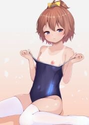 bare_shoulders blue_eyes blush bow breasts brown_hair closed_mouth collarbone commentary covered_navel d1571nc7 female hairbow highres hinata_chinatsu looking_at_viewer nipples one-piece_swimsuit one-piece_tan ongeki pout school_swimsuit sitting small_breasts solo swimsuit symbol-only_commentary tan tanlines thighhighs wariza