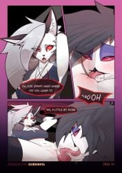 2girls absurd_res anthro avian big_breasts bird black_hair black_nose bottomwear breasts camel_toe canid canid_demon canine clothed clothed_anthro clothed_female clothed_humanoid clothing clothing_lift crop_top cunnilingus demon dialogue duo exagono16 exposed_breasts female female/female fur furniture furry grey_body grey_fur grey_hair grin hair hellhound helluva_boss hi_res horn humanoid humanoid_on_anthro interspecies long_comic long_hair loona_(helluva_boss) lying mammal multicolored_body multicolored_fur mythological_canine mythological_creature mythology navel nipples octavia_(helluva_boss) on_back oral oral_through_clothing owl owl_demon pants red_body red_sclera red_skin sex shirt shirt_lift smile spread_legs spreading tail teeth text tongue tongue_out topwear two_tone_body two_tone_fur vaginal_penetration white white_body wolf wolf_girl