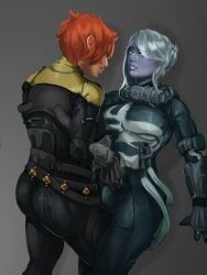 1futa 1futa1girl 1girl1futa 1girls ass blue-skinned_futa blue_eyes blue_skin bulge bulge_fondling bulge_rubbing bulge_through_clothing destiny_(game) destiny_(video_game) destiny_2 diving_suit female groping handjob_through_clothing holly_(destiny_oc) hunter_(destiny) large_penis light-skinned_female light_skin lirra_cal midnight_teeth orange_hair silver_hair skintight skintight_bodysuit submissive_futa warlock_(destiny)