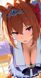 ai_generated animal_ears breasts cleavage daiwa_scarlet_(umamusume) female hips horse_girl pussy red_eyes ribbon_in_hair tiara tracen_school_uniform twintails umamusume umamusume_pretty_derby