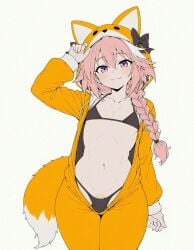 1boy ai_generated animal_costume animal_hood astolfo_(fate) astolfo_(saber)_(fate) bangs bikini black_bikini black_bow blush bow braid bulge closed_mouth collarbone covered_nipples cowboy_shot fate/apocrypha fate/grand_order fate/stay_night fate/zero fate_(series) femboy feminine_male feminization flaccid fox_tail hair_between_eyes hood long_hair long_sleeves looking_at_viewer male male_focus male_only micro_bikini multicolored_hair navel oerba_yun_fang open_clothes otoko_no_ko penis penis_peek pink_hair purple_eyes simple_background single_braid sissy skin_fang smile solo sondu streaked_hair swimsuit tail testicles trap twink white_background white_hair yaoi