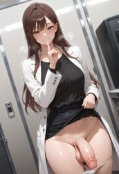 1futa ai_generated balls big_penis brown_eyes brown_hair dutch_angle flaccid futa_only futanari intersex jamesbron large_penis long_hair looking_at_viewer medium_breasts navel panties panties_down panty_pull penis penis_reveal presenting_penis revealing_penis shushing skirt_lift smile solo solo_futa standing thighs