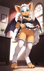 1girls 2025 ai_generated anthro bat blue_eyes digitigrade dress_lift eyeshadow female female_only hi_res indoors innie_pussy low-angle_view maid_uniform no_panties pussy rouge_the_bat sega smile sonic_(series) sonic_the_hedgehog_(series) thighhighs white_fur wings