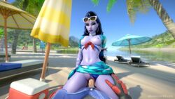 1girls 3d alternate_costume animated beach bikini bikini_aside bikini_bottom bikini_bottom_aside bikini_top black_hair bouncing_breasts breasts brown_eyes clothed clothed_sex clothes_aside clothing_aside cote_d'azur_widowmaker cowgirl_position earrings ellowas female gyrating light-skinned_male loop male/female open_mouth overwatch palm_tree palm_trees panties panties_aside parasol pubic_hair purple_skin pussy small_breasts soldier_76 solo_focus sound summer sunglasses thong thong_aside vaginal_penetration video widowmaker