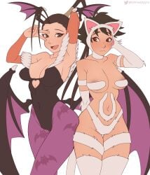 2d 2girls alternate_version_available animal_print bat_print black_hair black_leotard breasts brown_eyes busty capcom company_connection cosplay darkstalkers fake_animal_ears felicia_(darkstalkers)_(cosplay) female female_focus female_only greencash head_wings hourglass_figure ibuki_(street_fighter) leotard long_hair makoto_(street_fighter) medium_breasts morrigan_aensland_(cosplay) multiple_girls short_hair street_fighter wide_hips wings
