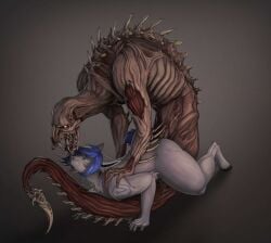 absurd_res ambiguous_gender ambiguous_penetrated anthro arm_tattoo blue_body blue_eyes blue_fur blue_hair bodily_fluids bone canid canine canis creepy_gun cum cum_inside curvy_figure dead_space death deer dexy_noland duo electronic_arts from_behind_position fur genital_fluids gore grey_body grey_fur hair hi_res hooves hybrid leaning leaning_forward leaper_(dead_space) male male/ambiguous male_penetrating male_penetrating_ambiguous mammal necromorph necrophilia penetration sex spikes tattoo teratophilia visceral_games voluptuous wide_hips wolf
