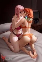 2d 2girls abs ai_generated all_fours ass barefoot big_ass big_breasts bra completely erophoenix feet female female_focus hololive hololive_english hololive_myth jewelry kissing kissing kneeling large_breasts long_hair mori_calliope multiple_girls naked nipples nude orange_hair pale_skinned_female panties patreon_username pink_eyes pink_hair pussy side_braid soles sweat sweating takanashi_kiara take_your_pick thick_thighs thighs toes underwear virtual_youtuber yuri yuri
