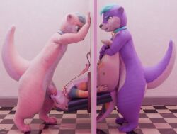 absurd_res anthro awtter checkered checkered_floor collar galax_vr glory_hole group hi_res leash lilac_(fox) lucas_(otter) lucky_(otter) male male/male mammal mustelid otter sex tied_to_wall trio vrchat_model