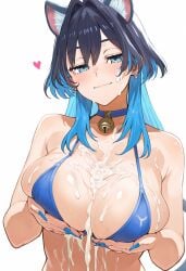 ai_generated bikini blue_bikini blue_eyes blue_hair blush bukkake cat_ears cum cum_on_breasts facial female grabbing_own_breast heart hololive hololive_english huge_breasts long_hair ouro_kronii virtual_youtuber