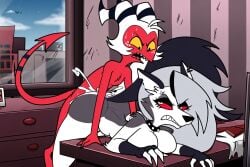 ai_generated cheating demon hellhound helluva_boss loona_(helluva_boss) male/female moxxie_(helluva_boss)
