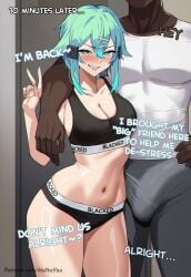 1boy 1girls abs ai_generated ass ass ass_focus back back_view bare_arms bare_legs bare_shoulders bare_thighs big_ass big_breasts big_butt big_penis blacked blacked_clothing blue_eyes blue_hair blush clothed clothing color cuckold dark-skinned_male dark_skin english_text female female_focus helltoyou hi_res interracial large_breasts light-skinned_female light_skin male male/female middle_finger muscular muscular_male netorare ntr short_hair sinon sword_art_online text thick_thighs