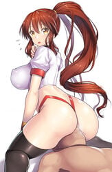 1boy ass big_breasts black_legwear brown_hair covered_breasts covered_nipples erect_nipples faceless_male facesitting female huge_ass kyon kyonko large_breasts long_hair looking_back male nagase_haruhito open_mouth perky_breasts ponytail red_hair rule_63 simple_background sitting straight suzumiya_haruhi_no_yuuutsu thighhighs voluptuous yellow_eyes