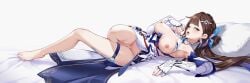 absurdres bar_censor barefoot breasts brown_hair censored chinese_commentary cleft_of_venus commentary_request dakimakura_(medium) dress elbow_gloves feet female fingerless_gloves gloves highres honkai_(series) honkai_impact_3rd huiqian large_breasts li_sushang li_sushang_(jade_knight) long_hair lying merchandise_available nipples no_panties on_side pillow pussy solo toes tongue tongue_out white_dress white_gloves