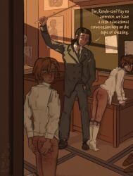 3boys age_difference ass bondage bungo_stray_dogs bungou_stray_dogs caning chuuya_nakahara dazai_osamu dubious_consent indoors injury kneeling male male_only maledom malesub mori_ougai_(bungo_stray_dogs) older_male_and_younger_male on_table punishment school school_uniform shirt socks spanking sufei teenager yaoi