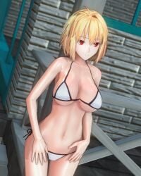 1girls 3d arcueid_brunestud bikini blonde_hair breasts curvy curvy_figure female large_breasts melty_blood red_eyes short_hair swimsuit thighs top_heavy tsukihime tsukihime_(remake) upper_body white_bikini