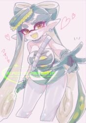 1girls black_gloves blush breasts callie_(alterna) callie_(splatoon) cleavage collar earrings gloves large_breasts long_hair looking_at_viewer miiinatochanowo open_mouth pantyhose simple_background splatoon splatoon_3:_return_of_the_mammalians white_pantyhose