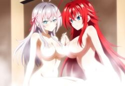 2girls ahoge ai_generated alisa_mikhailovna_kujou big_ass_(female) big_breasts blue_eyes blush crimson_hair_female crossed_bangs crossover crossover_ship crossover_shipping curvy_females demon_girl female females_only hair_ribbon high_school_dxd holding_hands hourglass_figured_female huge_ahoge interspecies lesbians lesbians_naked light-skinned_female long_hair_female looking_at_another loose_hair lovehuwu milky_white_skin naked_girls red_ribbon rias_gremory russian_girl sauna silver_hair_female sky_blue_eyes smile steam thick_thighs tokidoki_bosotto_russian_de_dereru_tonari_no_alya-san very_long_hair_female voluptuous_female wide_hipped_female yuri