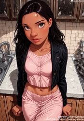 ai_generated bangs black_hair black_jacket blush breasts brown_eyes clavicle clothing collarbone crop_top dark-skinned_female dark_skin denim disney female female female_only indoors jacket jeans jousneystudio leather leather_jacket lilo_and_stitch lips long_hair long_sleeves looking_at_viewer medium_breasts midriff nani_pelekai navel open_clothes open_jacket original pants parted_lips pink_shirt shirt sink sitting smile solo water wet window