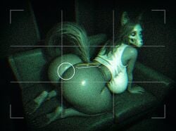 1girls ai_generated all_fours animal_ears anthro ass ass_focus barefoot big_ass big_breasts black_body black_fur black_hair bottomless breasts bubble_ass bubble_butt camera camera_view canine chromatic_aberration claws couch crop_top dark_background deep_skin depth_of_field fangs female film_grain furry glowing_eyes grey_body grey_fur hi_res highres huge_ass huge_breasts hyper_ass indoor large_ass large_breasts long_hair long_tail looking_at_viewer looking_back mal0 night_vision numbleg pawpads paws plump_ass pov scp-1471 scp-1471-a scp_foundation shiny_body shiny_skin side_view skull skull_head solo solo_female solo_focus tail thick_ass thick_thighs wide_hips