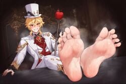 1boy ai_generated anime_style black_nails blonde_hair feet foot_fetish foot_focus hazbin_hotel lucifer_morningstar_(hazbin_hotel) male male_foot_fetish male_only red_eyes sharp_nails stinky_feet sweaty_feet