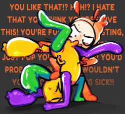 antennae boner dandy's_world dandys_world degradation degradation_kink degrading grabbing_tail green_body handlebars handles handles_on_hips keeboreal looey_(dandy's_world) male male/male male_only masochist masochistic_male needle poking_belly purple_body shiny_skin shorter_male shrimp shrimp_tail shrimpo_(dandy's_world) small_penis stepping_on_head straining sweat sweatdrop sweating taller_male yellow_body