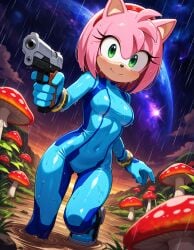 2025 ai_generated amy_rose cosplay cosplayer deviantart elryusam green_eyes_female hedgehog_ears hedgehog_girl holding_gun meta metroid mouth_closed mud nintendo not_porn raining red_hairband samus_aran samus_aran_(cosplay) sega sonic_(series) sonic_the_hedgehog_(series) space_background stepping_on_mud zero_suit_samus zero_suit_samus_(cosplay)