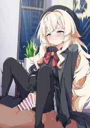 1boy bar_censor black_coat black_gloves black_pantyhose black_shirt blonde_hair blue_archive blush bow bowtie censored closed_mouth coat commentary_request condom condom_on_penis cowgirl_position cowgirl_position female gloves green_eyes hair_intakes halo highres long_hair madotsukumo paid_reward_available pantyhose penis professor_niyaniya_(blue_archive) pussy red_bow red_bowtie sex shirt straddling straight textless_version torn_clothes torn_pantyhose vaginal_penetration variant_set wavy_hair yellow_halo