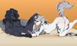 anthro anthro_on_anthro ass bed black_body black_fur black_hair breasts bulochka canid canine canis clitoris dildo dildo_in_pussy dildo_insertion domestic_dog duo female female/female fur furniture genitals hair hi_res looking_pleasured mammal nipples nude penetration pillow pussy sex_toy sex_toy_in_pussy sex_toy_insertion tail vaginal_penetration vaginal_penetration white_body white_fur white_hair