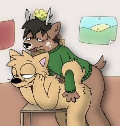 anal anal_sex anthro antlers ass blush canguuro canid canine canis clothed clothing deer domestic_dog duo ferris_(normalsville) fur hair horn leo_(normalsville) male male/male male_penetrated male_penetrating male_penetrating_male mammal normalsville nude penetration sex smile submissive submissive_male tail tongue