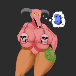 1girls ass baron_of_hell_(doom) big_breasts big_butt bioluminescence blush bra breasts brown_fur bullet butt_grab chains clothing demon doom eyelashes female fur glowing hand_on_butt herroverdober horns huge_breasts navel no_humans pink_skin pussy skull solo sponge teeth thick_thighs thought_bubble underwear video_games voluptuous