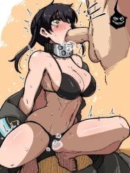 1boy balls bikini black_bikini black_hair blush breasts en'en_no_shouboutai fellatio female firefighter_jacket highres jacket kotatsu_tamaki large_breasts male mark_gavatino navel nose_blush oral penis spread_legs squatting straight sweat swimsuit testicles twintails yellow_eyes