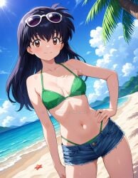 2025 ai_generated anime beach_background belly bikini_under_shorts black_eyebrows black_hair_female brown_eyes_female crunchyroll deviantart elryusam eyebrows_visible_through_hair green_bikini hand_on_hip inuyasha kagome_higurashi looking_at_viewer meta mouth_closed not_porn pink_cheeks smile_at_viewer smiling_at_viewer sunglasses_on_head toei_animation tummy white_sunglasses