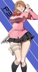 armband belt_buckle black_skirt black_socks bow bowtie breasts brown_eyes brown_hair buckle cardigan ceroccb choker collared_shirt commentary copyright_name earrings evoker feet_out_of_frame female flipped_hair gekkoukan_high_school_uniform gun hand_up highres holding holding_gun holding_weapon holster jewelry kneehighs large_breasts lips long_sleeves looking_at_viewer medium_hair miniskirt parted_lips persona persona_3 pink_cardigan pink_lips pink_nails pleated_skirt red_armband red_bow red_bowtie ribbed_cardigan s.e.e.s school_uniform shirt skirt socks solo standing stud_earrings thigh_holster thigh_strap thighs weapon white_choker white_shirt wide_hips yukari_takeba