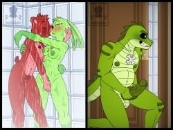 4:3 alligator alligatorid allister_gator_(poppy_playtime) anthro balls bathroom bear black_border bobby_bearhug border breasts critters_(poppy_playtime) crocodilian darkmaro digital_media_(artwork) erection female female/female fur genitals green_body green_fur hi_res hoppy_hopscotch hoppy_hopscotch_(poppy_playtime) jewelry kissing lagomorph leporid looking_at_another male mammal masturbation mob_entertainment nightmare_critters nipples no_humans nude penis poppy_playtime rabbit red_body red_fur reptile scalie sex shower simple_background smile smiling_critters solo spying tail teeth voyeur