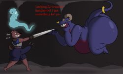 2025 2_horns accessory anthro armor ass balls big_balls big_butt big_penis biscuit_adams_(colossalstars) black_bottomwear black_claws black_clothing black_eyes black_nose black_shorts black_toe_claws blue_body blue_clothing blue_horn blue_shirt blue_t-shirt blue_topwear bottomwear bovid breastplate brown_body brown_ears brown_fur brown_tail canid canine canis caprine claws clothed clothing colossalstars demon digital_media_(artwork) domestic_dog english_text erection erection_under_clothing facial_piercing floating fur furgonomics genitals ghost ghost_tail glistening glistening_body gold_nose_ring grey_horn group half-closed_eyes hand_on_chin hand_on_face hand_on_object hand_on_own_chin hand_on_own_face hi_res holding_melee_weapon holding_object holding_sword holding_weapon horn huge_butt inside jewelry looking_at_another male male/male mammal melee_weapon multicolored_body multicolored_scales narrowed_eyes nervous nose_piercing nose_ring nude obese obese_anthro obese_male overweight overweight_anthro overweight_male penis piercing pointing_sword purple_body purple_nose purple_scales purple_tail question question_mark ring ring_piercing scales sharp_teeth sheep shirt short shorts side_view smile spirit sword t-shirt tail tail_accessory tail_jewelry tail_ring teeth text thick_thighs toe_claws topwear trio two_tone_body two_tone_scales weapon white_eyes yellow_nose_ring yellow_sclera