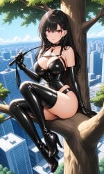 ai_generated ass bare_shoulders black_choker black_footwear black_gloves black_hair black_leotard black_panties black_thighhighs bondage bondage_outfit boots bound breasts building chest_harness choker city cityscape cleavage closed_mouth clothing collarbone corset day dominatrix earrings elbow_gloves female footwear gloves hair_ornament hairclip harness high_heel_boots high_heels highleg highleg_leotard holding holding_riding_crop holding_whip in_tree jewelry large_breasts latex latex_gloves latex_legwear legwear leotard long_hair looking_at_viewer mole mole_on_breast mole_under_eye o-ring outdoors pink_eyes red_eyes riding_crop shiny_clothes shoes sitting sitting_in_tree skindentation sky smile solo thigh_boots thighhighs thighs tree whip