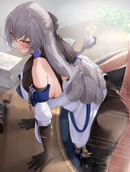1boy ass bare_shoulders blue_ribbon blush boots breasts bronya_rand brown_gloves brown_pantyhose clothed_female_nude_male clothed_sex crossed_bangs desk detached_sleeves dress drill_hair earrings elbow_gloves female gloves grey_eyes grey_hair hair_between_eyes highres honkai:_star_rail honkai_(series) jewelry large_breasts long_hair male n9at nude open_mouth pantyhose paper_stack ribbon sex sex_from_behind straight thigh_boots thighs white_dress