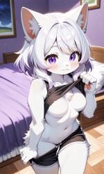 ai ai_art ai_generated anthro artificial_intelligence bed bed_sheet bedroom big_breasts breasts cat_girl cat_humanoid crop_top cute feline female female_focus fur furry looking_at_viewer neko nippleless original original_character original_characters pixai purple_eyes shorts smiling_at_viewer tagme undressing unknown_artist white_body white_fur white_hair yuriko_(oc)