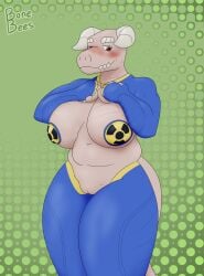 2025 2_horns albino anthro artist_name belly big_breasts blue_clothing blush bonebees breasts claws clothing costume deathclaw digital_drawing_(artwork) digital_media_(artwork) earless fallout female genitals hazard_symbol hi_res horn huge_breasts layla_(bonebees) microsoft navel non-mammal_breasts non-mammal_navel pasties pussy radiation_symbol red_eyes reverse_bunny_costume scalie sharp_teeth shy simple_background slightly_chubby smile solo symbol tail teeth text vault_suit