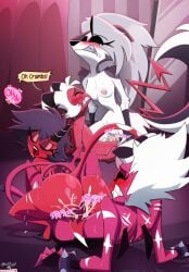 anthro ass balls big_butt big_penis black_hair blush bodily_fluids canid canid_demon canine closed_eyes corazonarts cowgirl_position cum cum_in_pussy cum_inside demon demon_humanoid dialogue erection fan_character fangs female female_penetrated from_front_position fur genital_fluids genitals grey_hair group hair hellhound helluva_boss hi_res horn humanoid imp interspecies loona_(helluva_boss) male male/female male_penetrating male_penetrating_female mammal millie_(helluva_boss) moxxie_(helluva_boss) mythological_canine mythological_creature mythology nipple_piercing nipples nude on_bottom on_top open_mouth orgasm orgasm_face parallel_sex penetration penile penile_penetration penis penis_in_pussy piercing pussy red_body sex speech_bubble sweat tail teeth thick_thighs tongue vaginal_fluids vaginal_penetration vaginal_penetration white_body white_fur white_hair