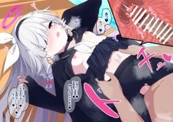1boy bar_censor black_coat black_eyes black_hairband black_pantyhose black_sailor_collar black_shirt black_skirt blue_archive breasts censored closed_mouth clothes_lift coat commentary_request cross_section desk female grey_hair hair_over_one_eye hairband halo highres long_hair long_sleeves lying madotsukumo miniskirt navel nipples on_back on_desk open_mouth paid_reward_available pantyhose penis plana_(blue_archive) pleated_skirt purple_halo sailor_collar sailor_shirt sex shirt shirt_lift skirt skirt_lift small_breasts solo_focus sound_effects speech_bubble straight torn_clothes torn_pantyhose torso_grab translation_request uterus vaginal_penetration variant_set