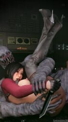 3d_(artwork) ada_wong ada_wong_(adriana) asian asian_female beautiful beautiful_females big_breasts black_hair blender blender_(artwork) blender_cycles blush boots dress long_boots long_legs monster red_dress red_lipstick regenerator resident_evil resident_evil_4 resident_evil_4_remake sebastien_3d short_hair yellow_eyes