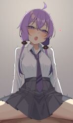 1boy 1girls absurdres ahoge breasts clothed_sex cowgirl_position female gukr4322 highres implied_sex large_breasts male necktie purple_eyes purple_hair saliva school_uniform short_hair_with_long_locks skirt straddling sweat voiceroid yuzuki_yukari