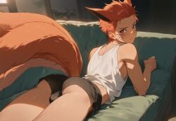 ai_generated animal_ears animal_tail anime anime_style ass boy couch cute cute_male femboy fox fox_ears gay kurama kyuubi naruto naruto_(series) naruto_shippuden nine_tailed_fox red_eyes red_fur red_hair seductive trap underwear uzumaki_naruto yaoi