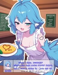 :3 ahoge ai_assisted ai_generated artist_signature black_eyes blue_hair dialogue dialogue_box english_text green_eyes harpy harpy_girl heterochromia kurly435 looking_at_viewer medium_hair menu menu_board monster_girl naked_apron nipple_slip omelet restaurant skin_fang slit_pupils small_breasts smirk tattooed_arm visual_novel wings