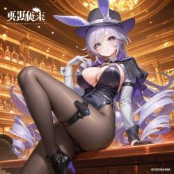 1girls ai_generated black_stockings blue_eyes breasts bunny_costume bunny_ears bunny_girl bunnysuit curly_hair detective_(silver_palace) drill_hair female female_focus female_only holster indoors large_breasts purple_hair red_pupils silver_palace solo solo_female stockings thick thick_thighs thighhighs thighs very_long_hair