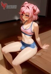 1futa 1girls 2d ai_generated ass bangs barefeet big_ass bra breasts doki_doki_literature_club erection erection_under_clothes erophoenix feet female female_focus full_body futanari looking_at_viewer looking_back natsuki_(doki_doki_literature_club) nude pale_skin pale_skinned_female patreon_username pink_eyes pink_hair small_breasts small_penis smile soles solo solo_female sweat thick thick_thighs toes uncensored